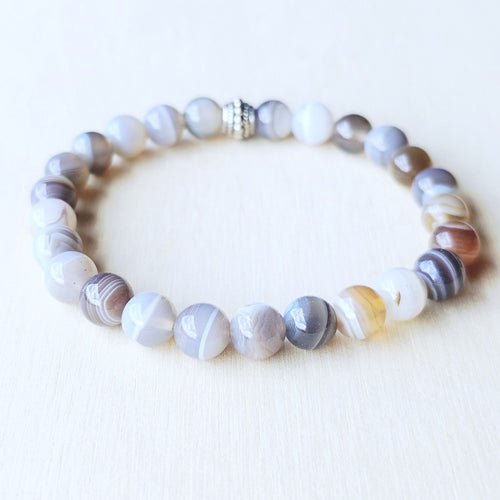 Botswana Agate bracelet close-up showing soft banded agate stones