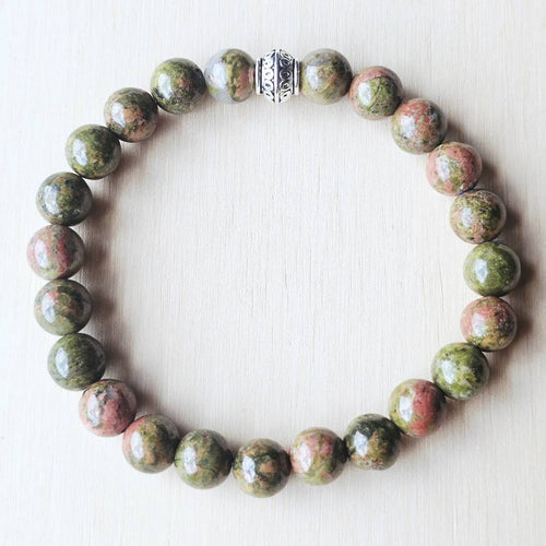 Natural Unakite gemstone bracelet for emotional healing and calm.