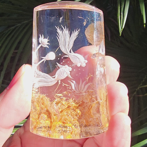Golden Healer Quartz Reverse Etched Goldfish | Custom Stand 177gms