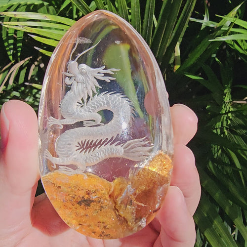 Golden Healer Quartz Reverse Etched Dragon | Custom Stand 395gms
