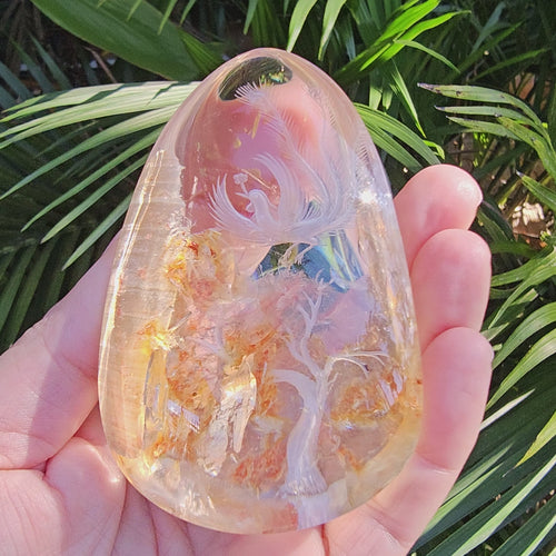 Golden Healer Quartz Reverse Etched Rising Phoenix | Custom Stand 527gms