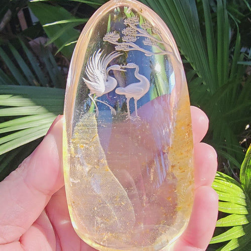 Golden Healer Quartz Reverse Etched Crane Scene | Custom Stand 409gms