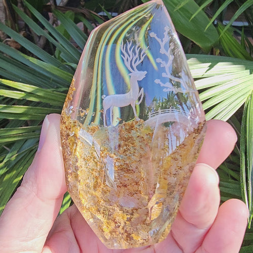 Golden Healer Quartz Reverse Etched Deer | Custom Stand 367gms