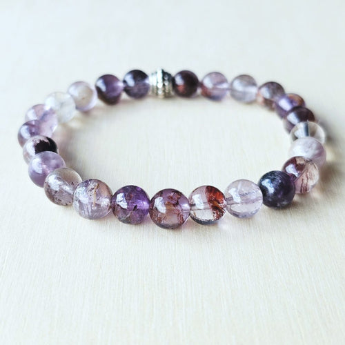 Natural Super 7 bracelet with 8mm beads, Melody Stone of seven minerals for spiritual growth.