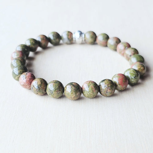 Handmade Unakite crystal bracelet for heart chakra balance and grounding.