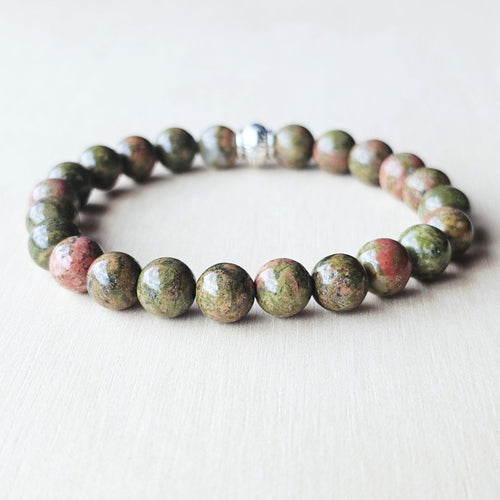 Green and pink Unakite bracelet handmade in Australia for compassion and renewal.